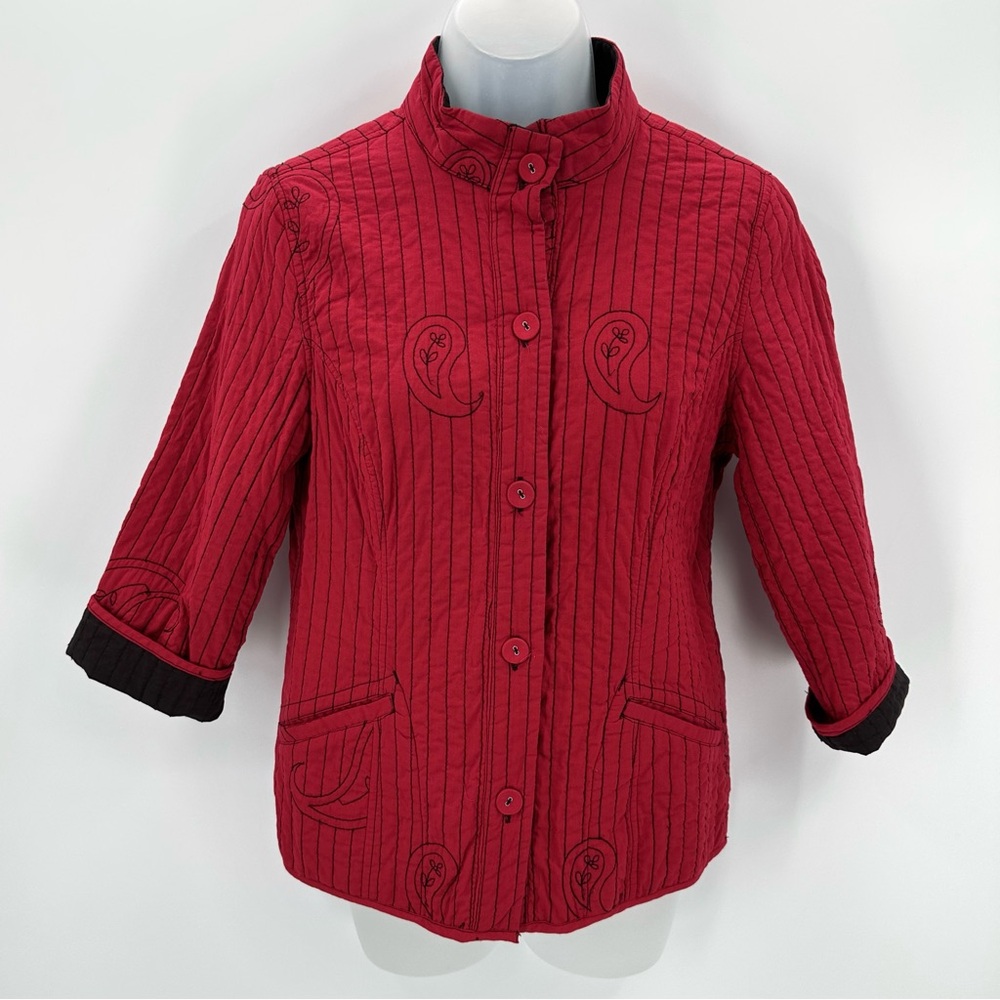Chicos Jacket Womens 0 US Sz S 4 Red Paisley Quilted Cotton Buttons READ